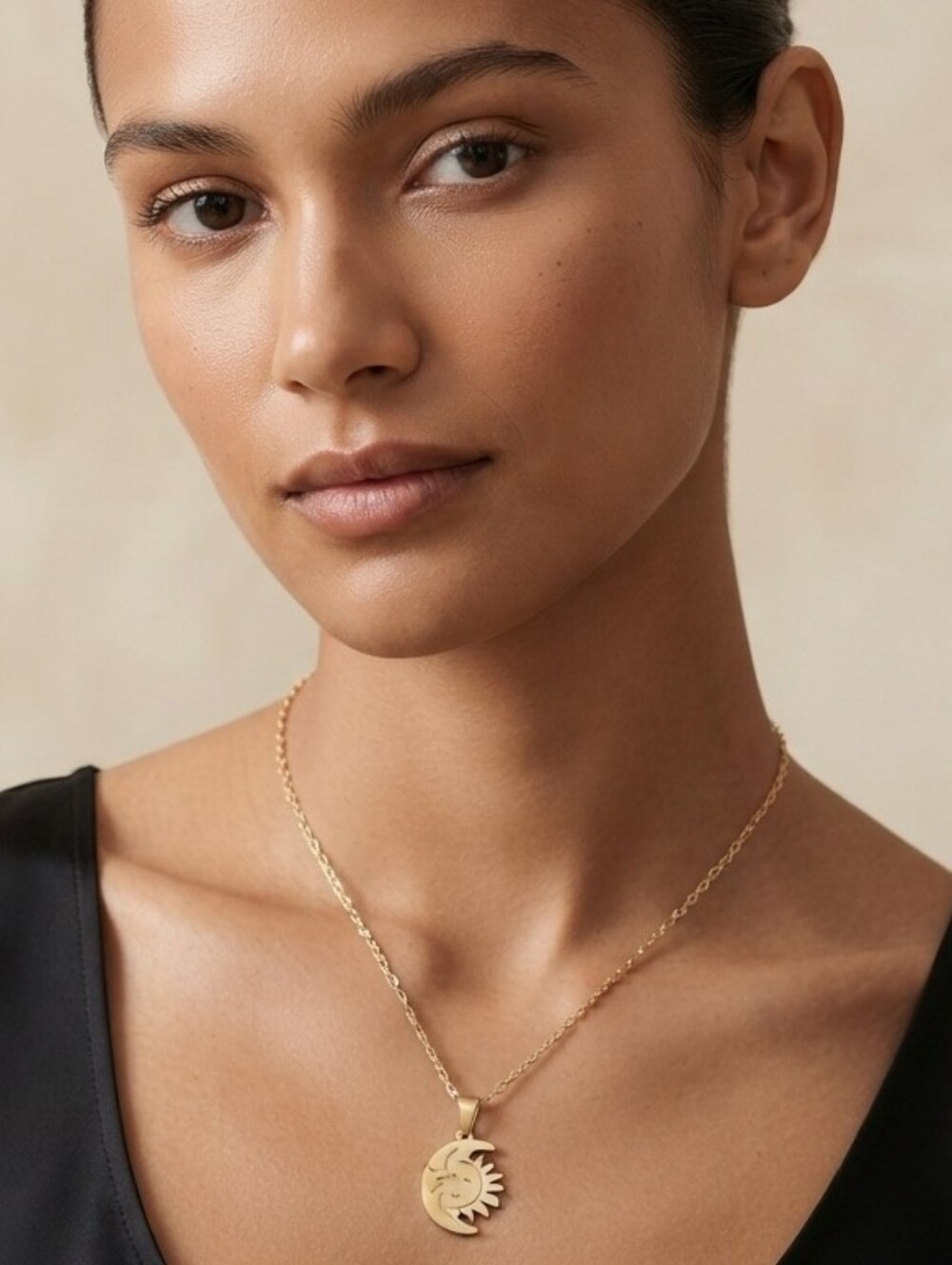 Gold Plated Stainless Steel Sun Pendant Necklace - Women Jewelry